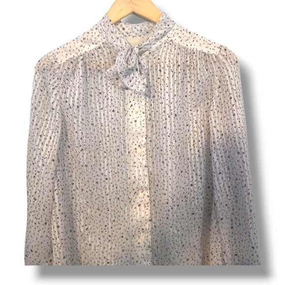 Abstract Print Tie Neck Sheer Blouse-Medium-Bishop Sleeve- Ruffled Cuff-Vintage - Picture 3 of 7